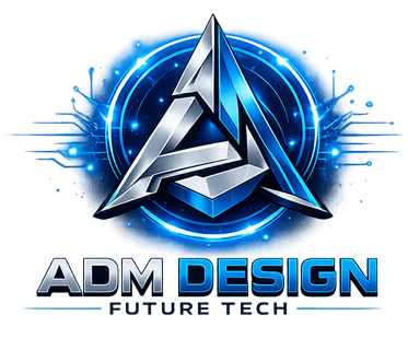 ADM DESIGN Future Tech logo: metallic triangular emblem over a glowing blue circle with bold 'ADM DESIGN' and 'FUTURE TECH' text.